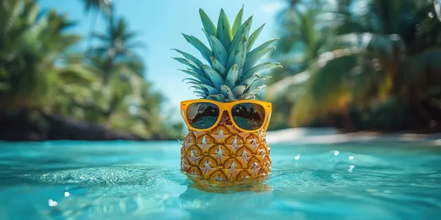 Pineapple wearing yellow sunglasses floating in turquoise beach water under sunny palm backdrop