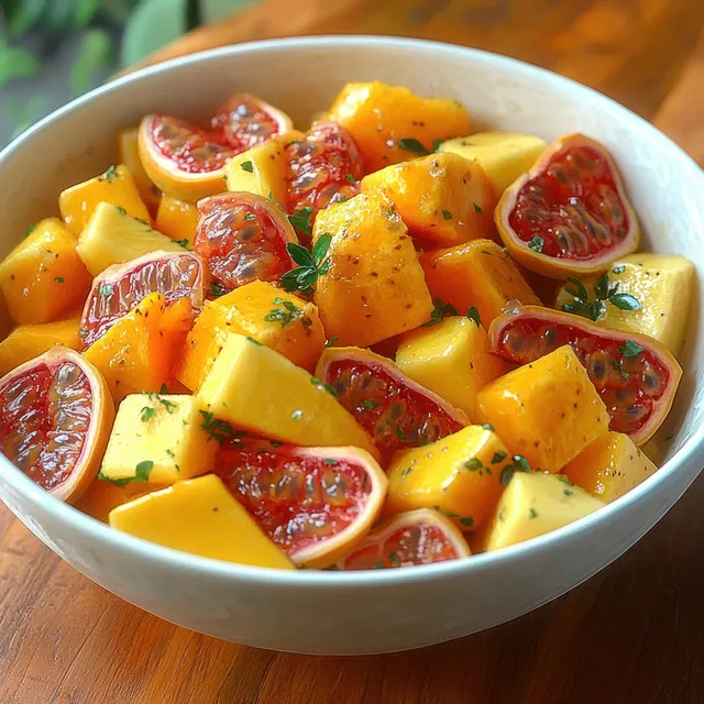 Bowl of mango and blood orange fruit salad garnished with herbs on a wooden table.