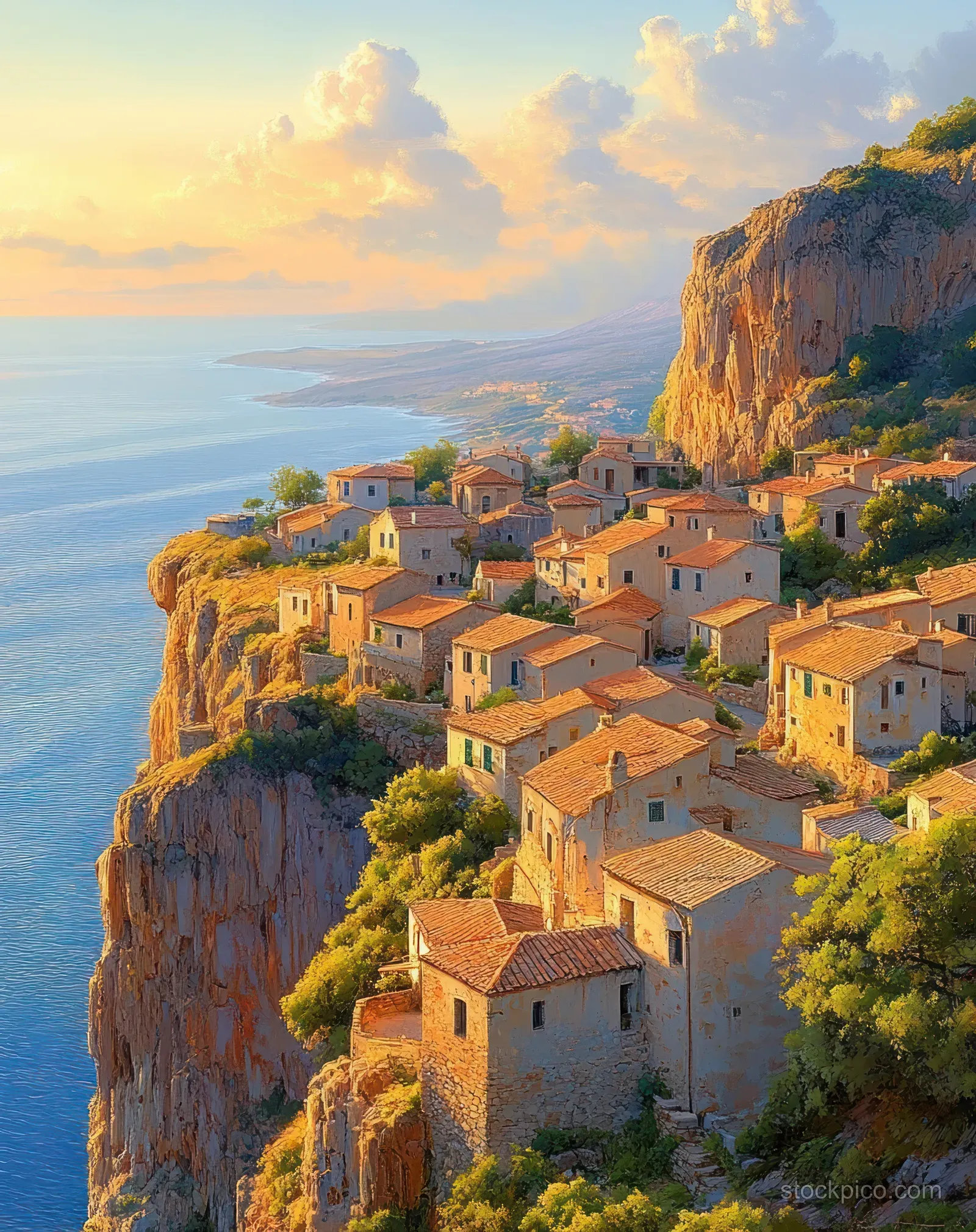 Terracotta-roof houses on a cliff overlooking a calm ocean under a golden sunset sky with soft clouds.