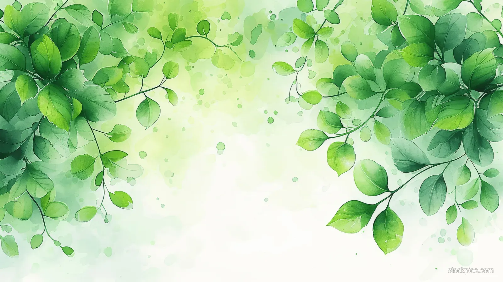 Green watercolor leaves frame a bright white center on a spring background.
