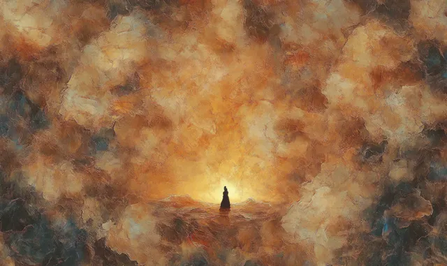 A lone silhouette stands against swirling illuminated storm clouds with golden and dark earthy tones.