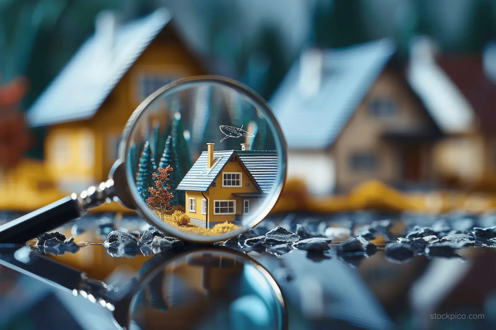 Magnifying glass enlarges a small house model on a desk with scattered property paperwork in the background.