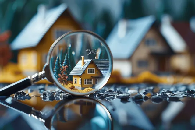 Magnifying glass enlarges a small house model on a desk with scattered property paperwork in the background.