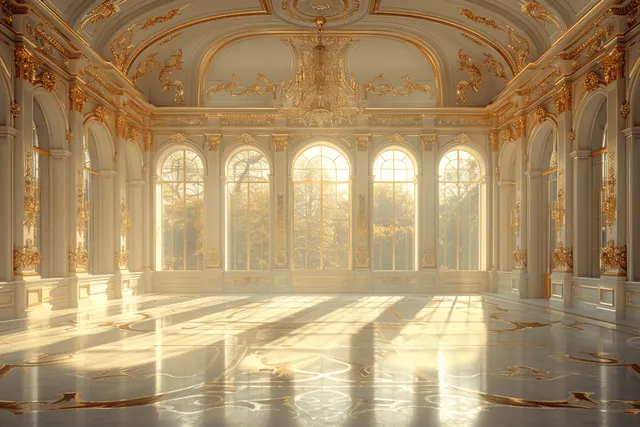 Golden grand ballroom interior with chandelier, sunlit arches, gilded columns, marble floor