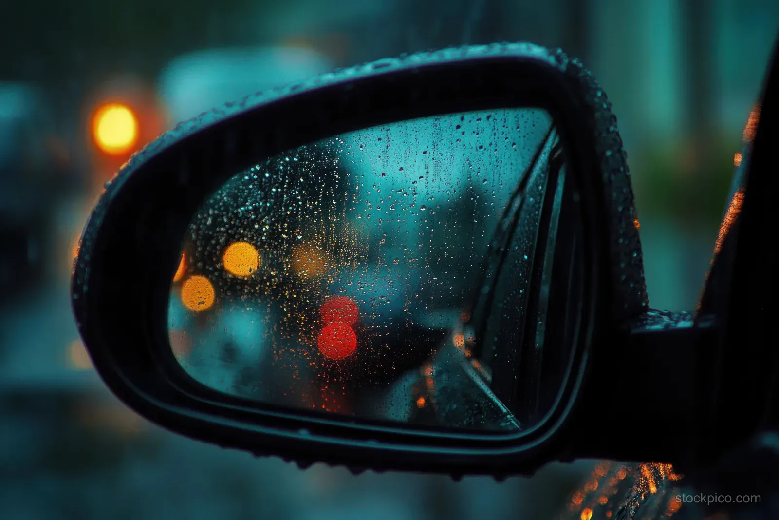 Raindrops cover a car side mirror, reflecting blurred orange and red city traffic lights at night.