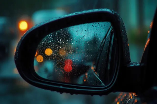 Car side mirror close-up with raindrops reflecting blurred city traffic lights at night