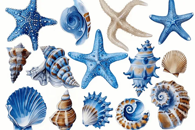 Blue watercolor starfish and seashells in a Danish pastel style arranged on a white background.