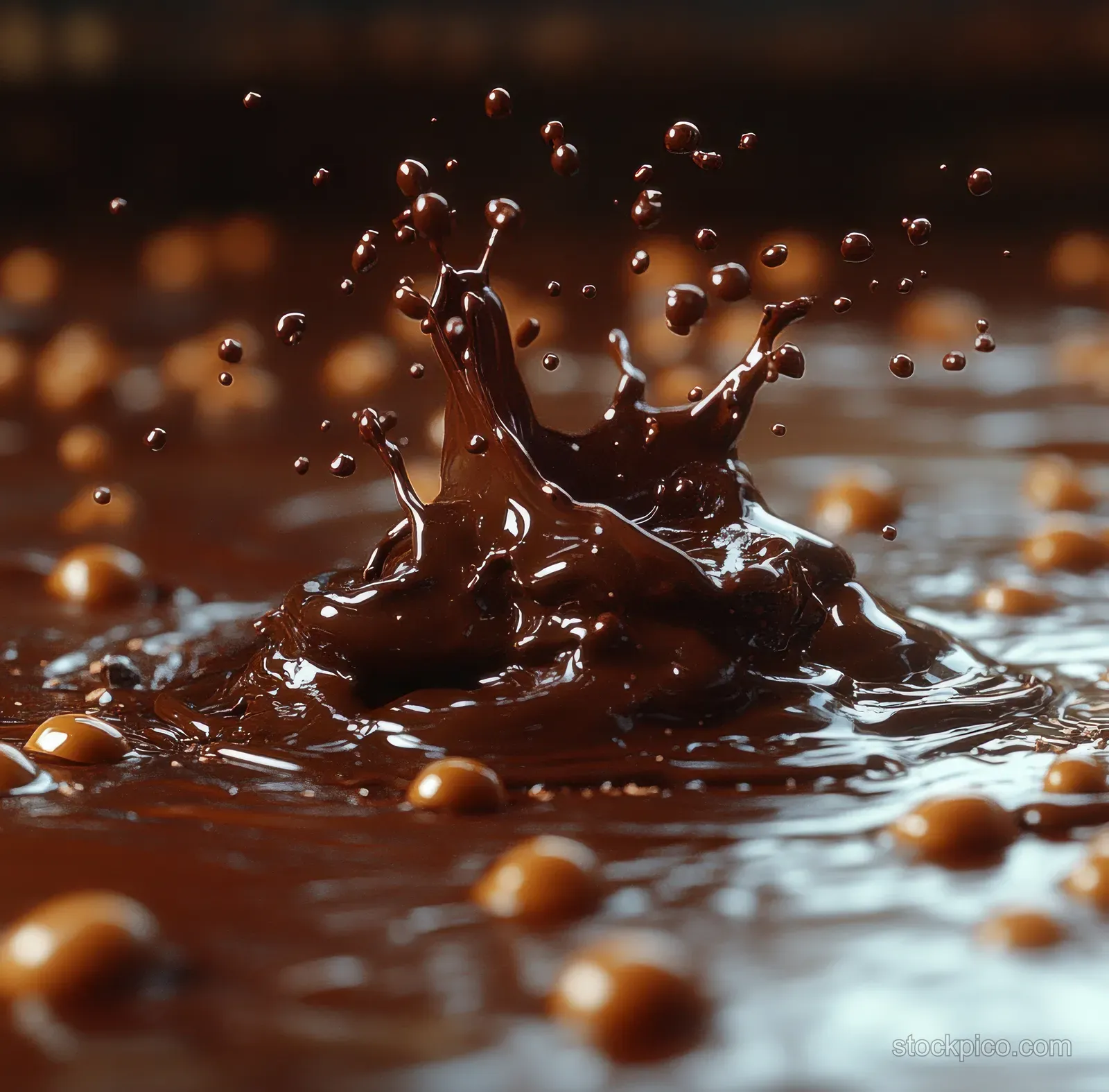 Chocolate splash crown rises from a glossy liquid cocoa pool with droplets and ripples visible.