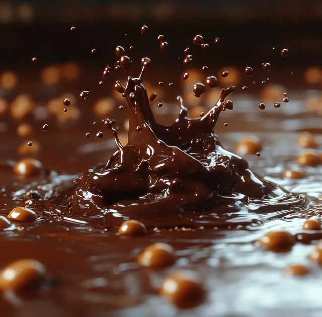 Chocolate splash crown rises from a glossy liquid cocoa pool with droplets and ripples visible.
