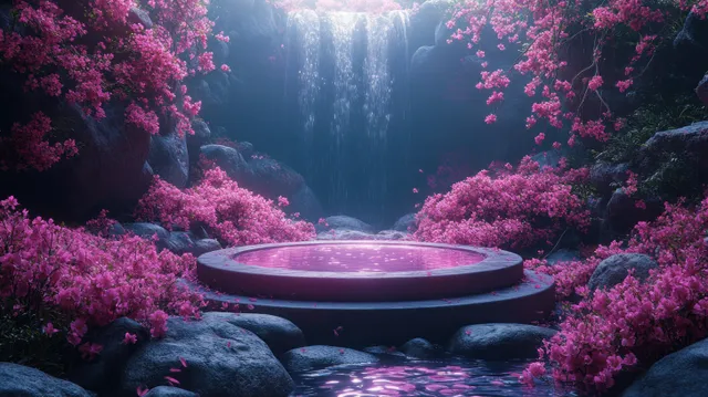 A glowing crystal podium sits among vibrant pink flowers and dark rocks in a purple-lit mystical forest.