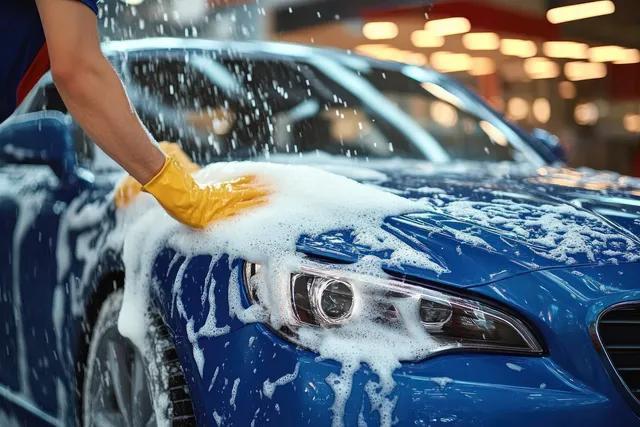 Hands wash a shiny blue car with a sponge, producing soap bubbles and water spray over the hood.