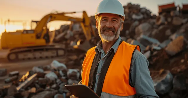 A smiling senior engineer in safety gear holds a tablet in front of an excavator at a sunset construction site.