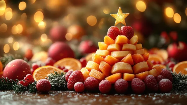 Fruit Christmas tree centerpiece with star topper, citrus slices and berries on festive table