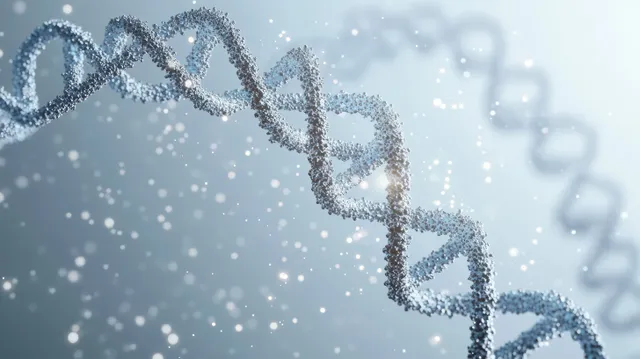 A glowing DNA double helix appears close-up with scattered particle specks on a soft blue background.