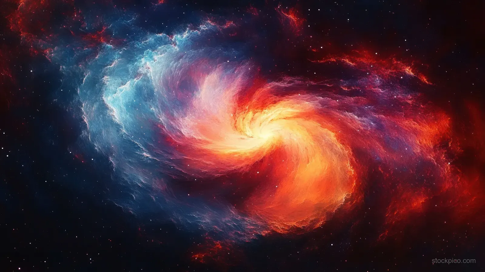 A fiery spiral nebula vortex glows within a dark starfield, surrounded by colorful gas clouds.