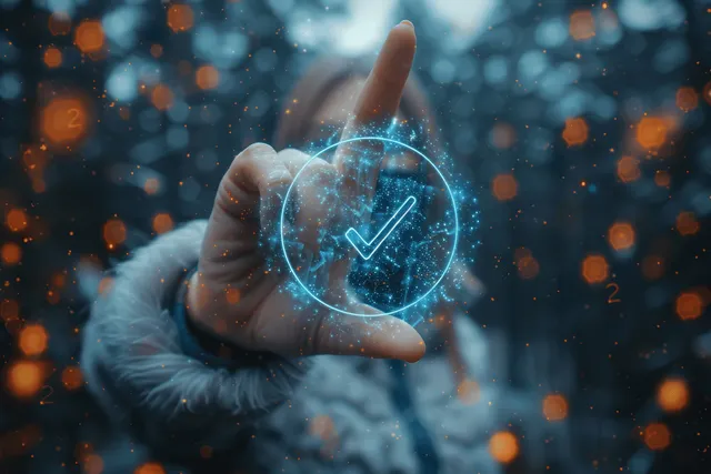 A hand reaches toward a glowing holographic check mark surrounded by digital particles.