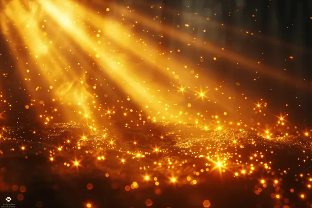 Abstract golden light rays streak across brown background with sparkling motion blur