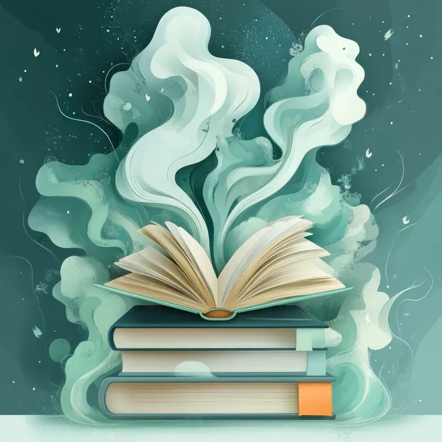 Open book floating above stacked books with mint smoke swirls in teal background