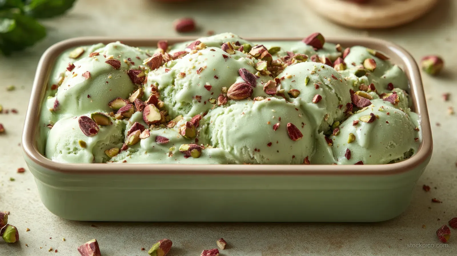 Creamy pistachio gelato in a metal container topped with fresh chopped pistachios and crumbs.