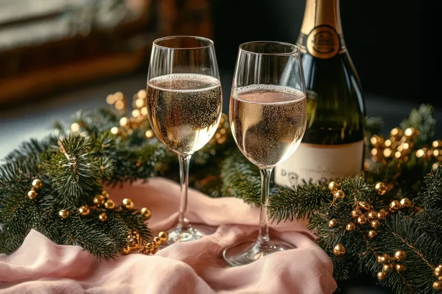 Two clinking rosé wine glasses sit on a festive table with pine branches, golden berries, and a champagne bottle behind them.