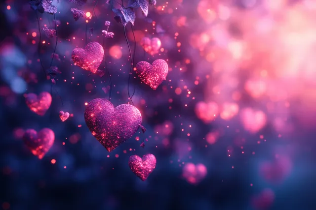 Floating pink heart particles over purple bokeh lights with soft glowing blur