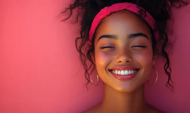 A smiling African woman portrait with natural makeup and glowing skin against a soft pink background.