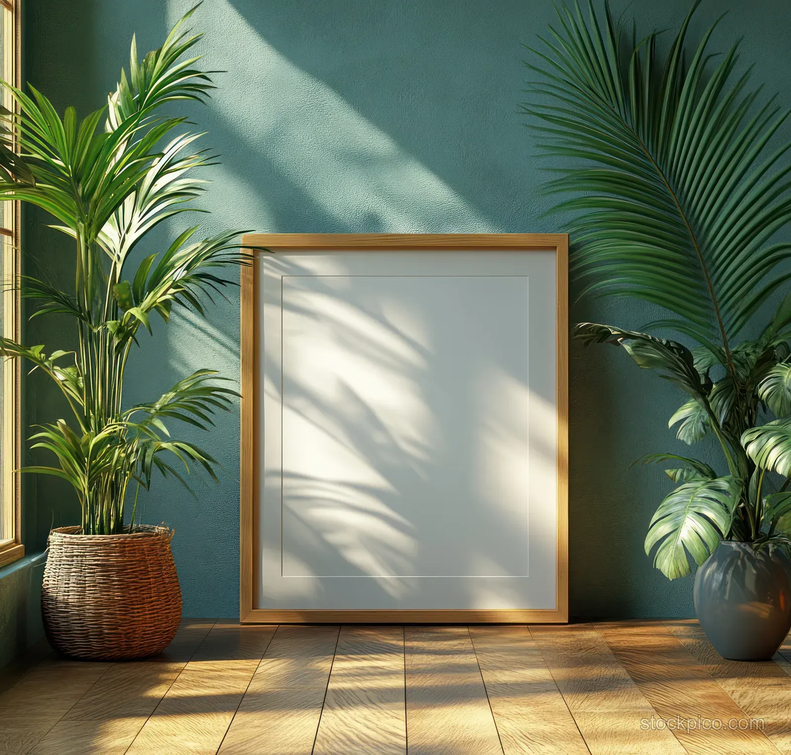 A minimalist picture frame on a wooden floor with sunlit plant shadows and potted greenery around it.