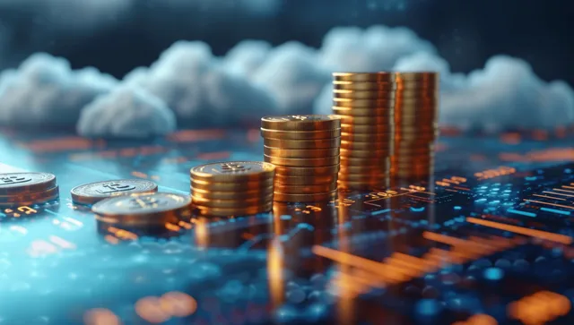 Golden coin stacks rising over cloud data nodes and glowing financial charts