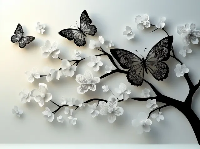 Black butterflies rest and fly around white blossoms on dark branches over a soft gradient background.