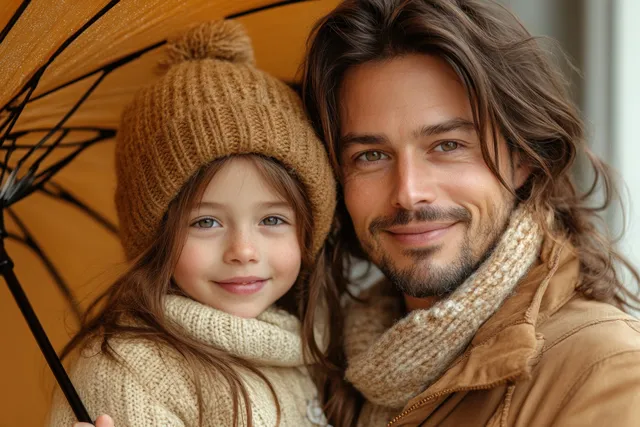 A father and daughter smile under a colorful umbrella while wearing warm knit hats and scarves on a beige background.