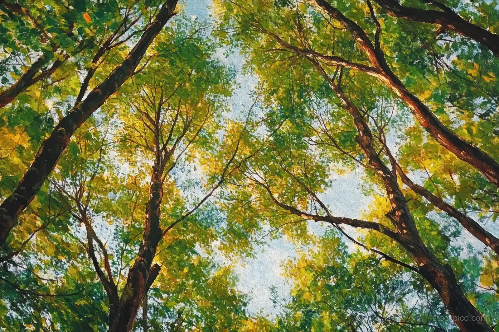 Low-angle view of leafy spring branches with sunlight filtering through the green canopy.