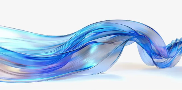 Iridescent blue glass ribbon wave flowing over clean white background