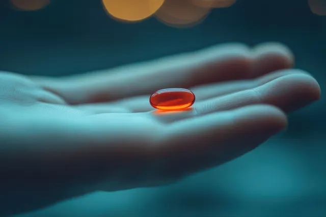 A person’s hand holds a translucent red capsule pill in front of a blurred dark blue background.