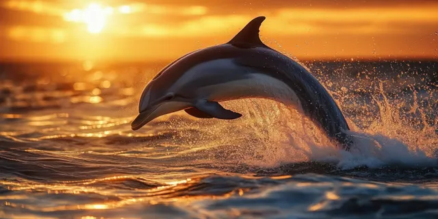 Dolphin leaps from ocean at sunset, golden reflections and splashes frozen in motion