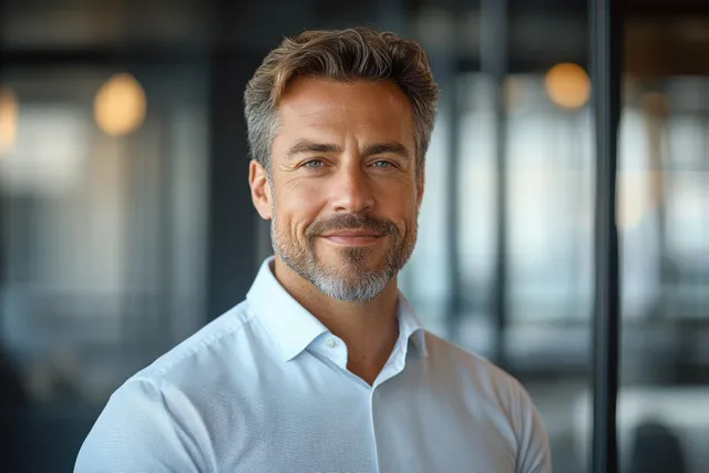 Smiling mid-aged business executive in modern office, looking at camera through glass walls