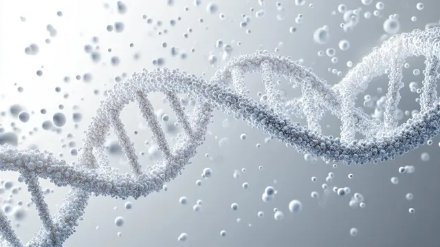 DNA double helix made of small spheres with scattered particles on a light neutral background