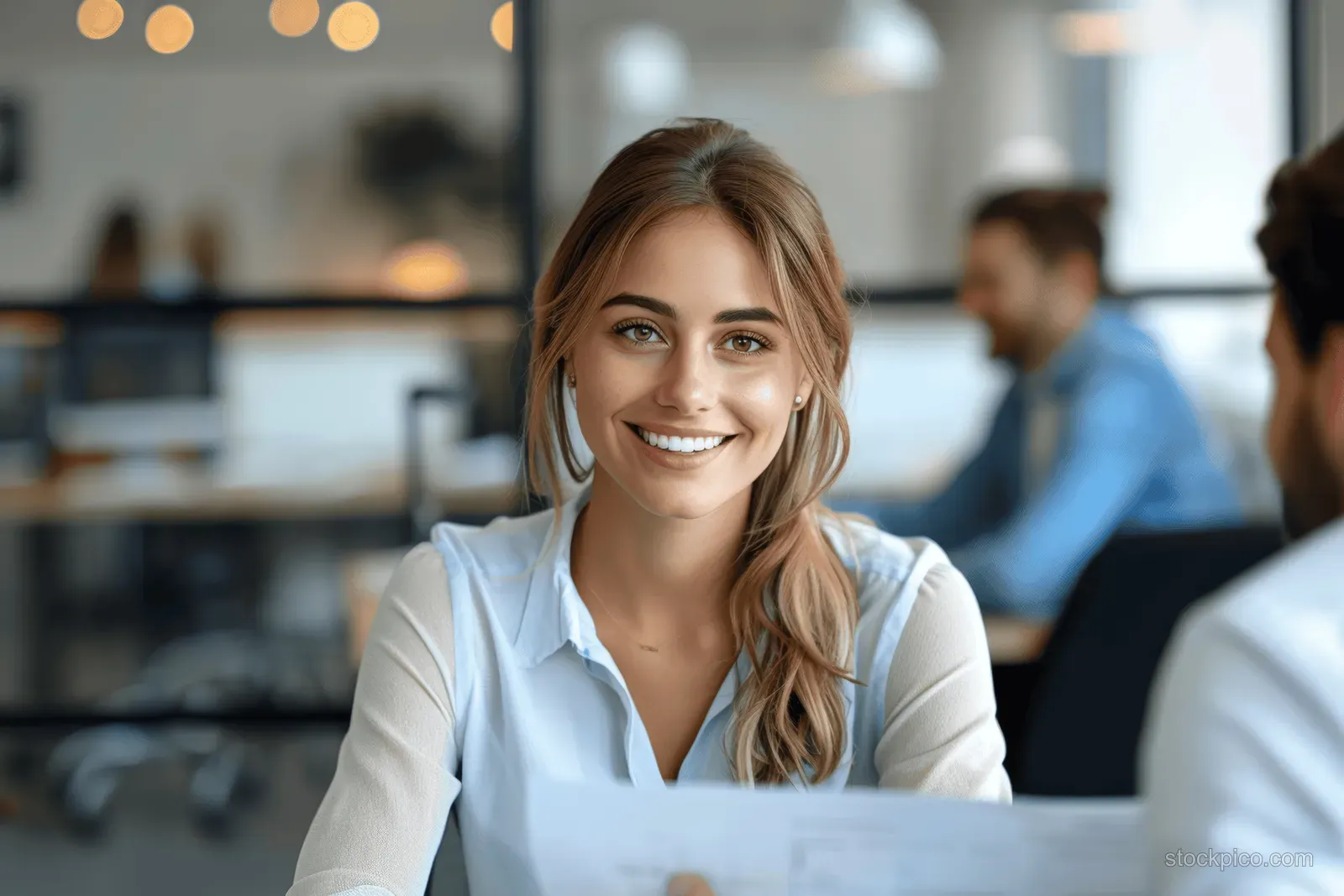 A smiling businesswoman consults with a male client in a modern office while coworkers sit blurred behind.