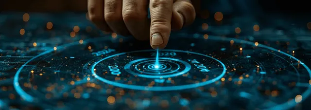 A businessman’s hand points at a glowing target amid circular HUD rings and floating financial data.