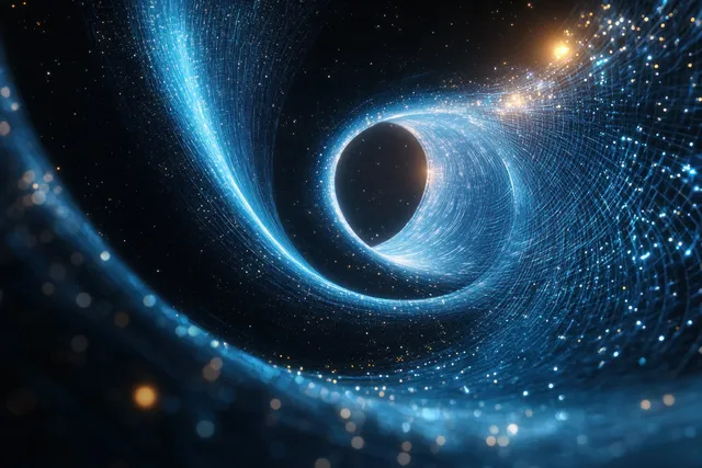 A glowing blue digital vortex tunnel swirls around a dark circular center in space filled with bright particles.