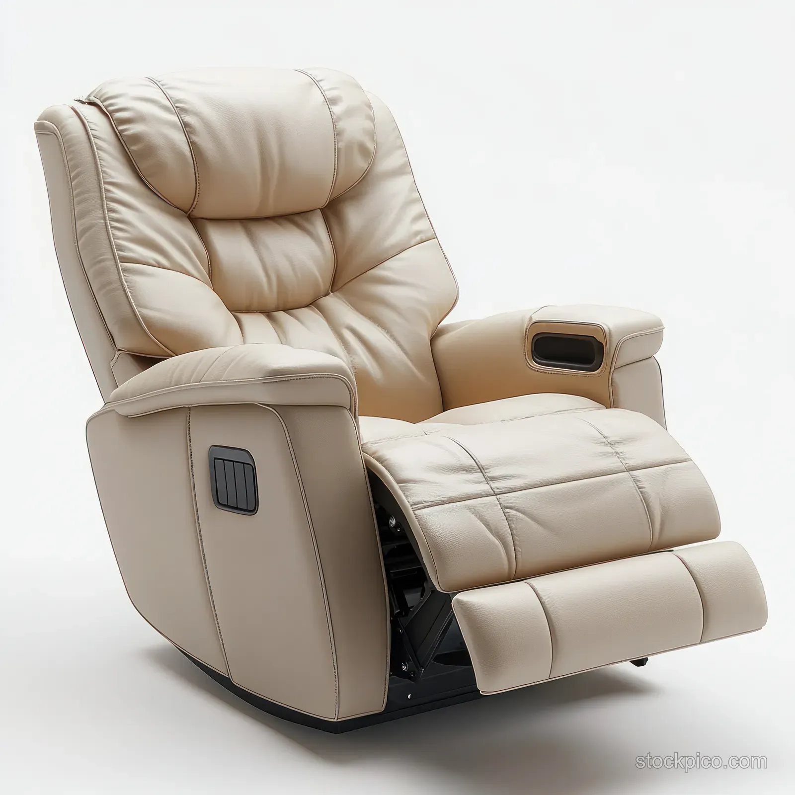 Beige leather reclining armchair with extended footrest and padded headrest shown against a white background.