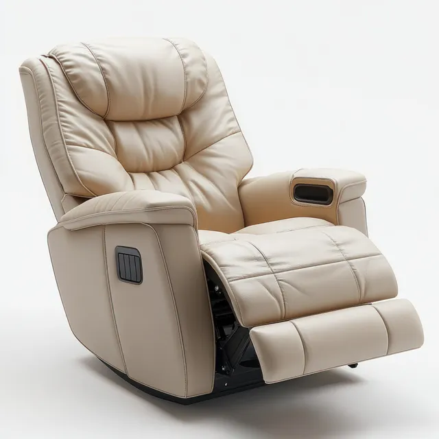 Beige leather reclining armchair with extended footrest and padded headrest shown against a white background.