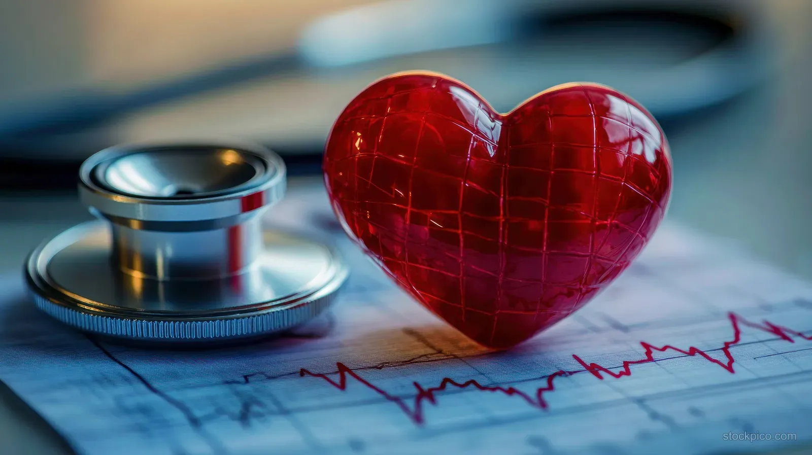 A red glass heart and stethoscope lie on ECG graph paper with a heartbeat waveform.