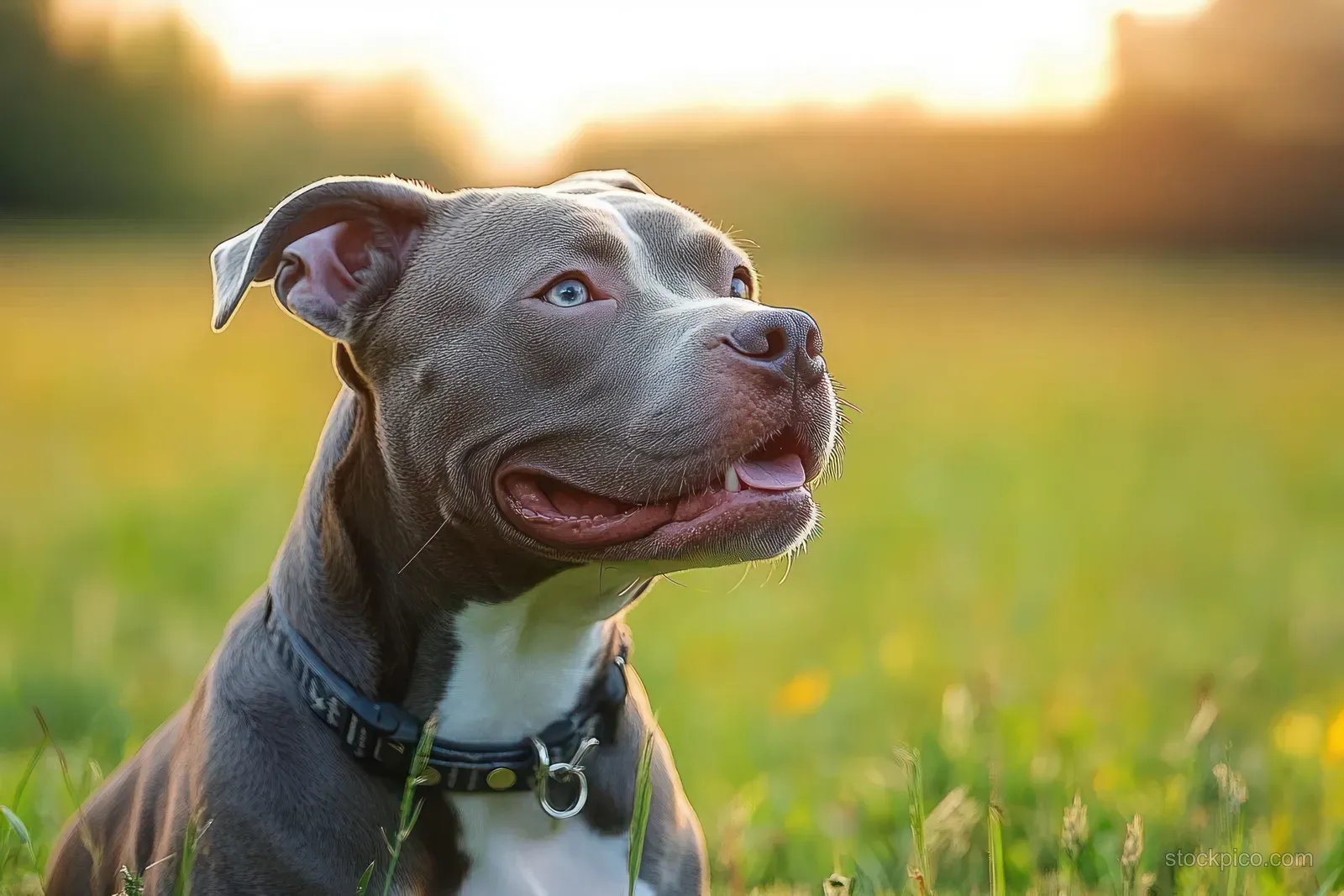 Blue-eyed pit bull sits on green grass at sunset with warm glowing light behind and blurred background.