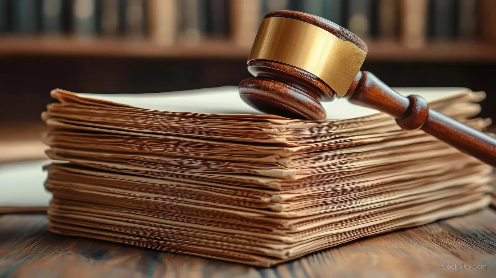 Wooden gavel rests on a thick stack of aged legal documents on a wooden table with a blurred background.
