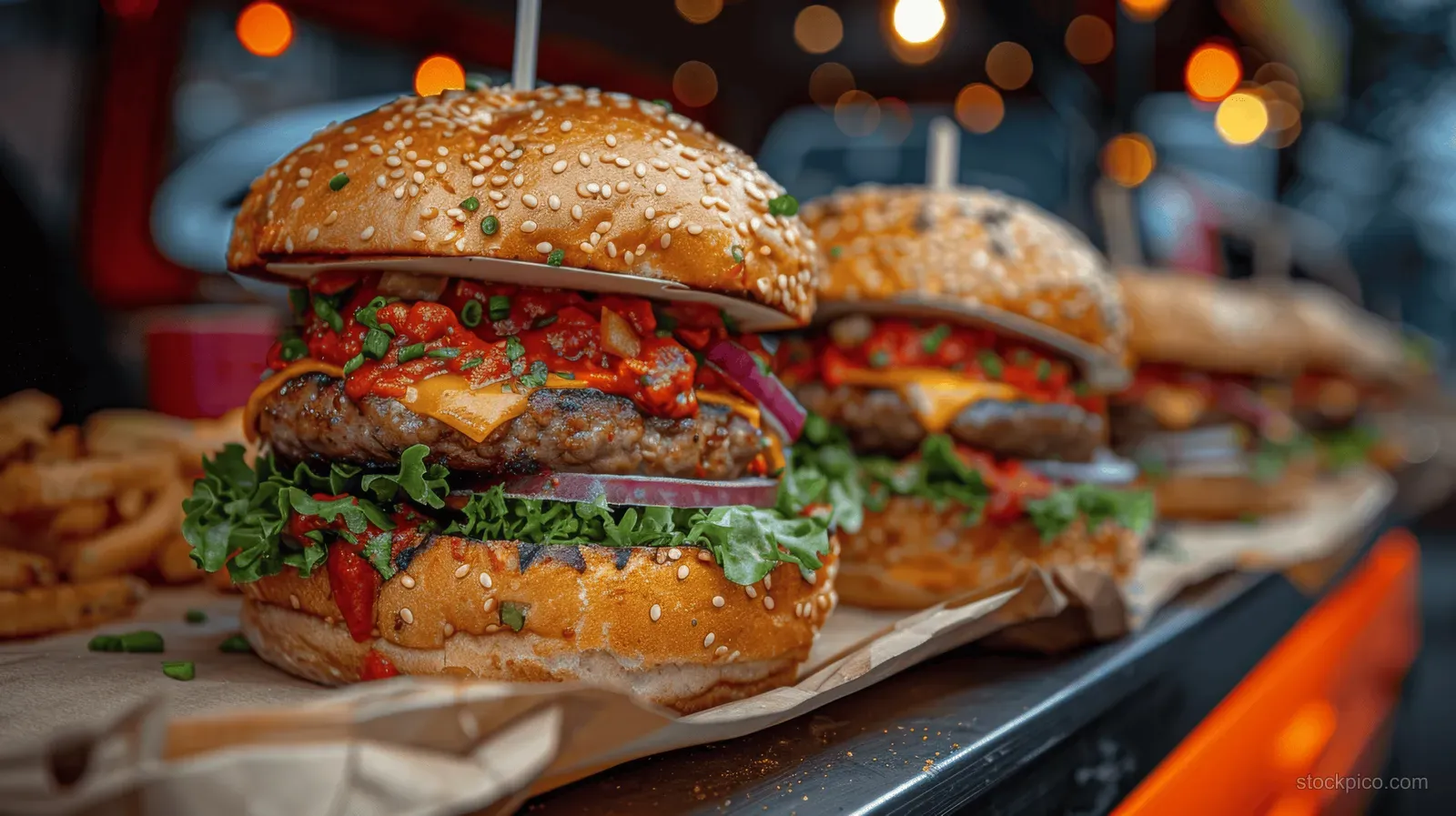 Stacked burgers and shawarma wraps in takeaway boxes on a street food truck under warm festival lights and blurred city bokeh.