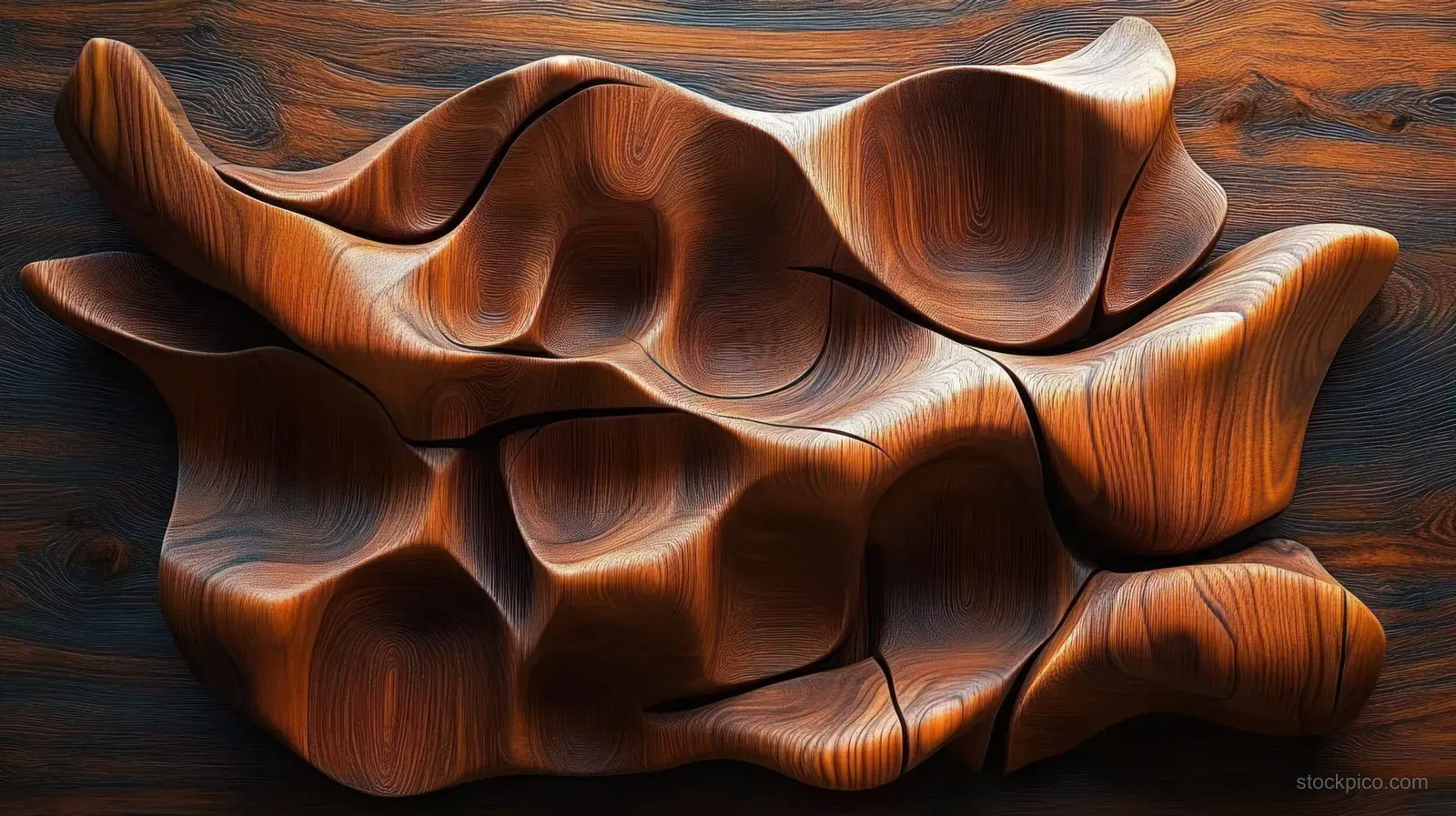 Warm-toned abstract carved wooden sculpture with flowing curves displayed on a matching wood surface.