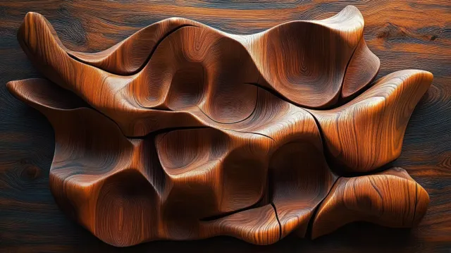 Abstract carved wooden sculpture with flowing curves resting on a matching wood surface