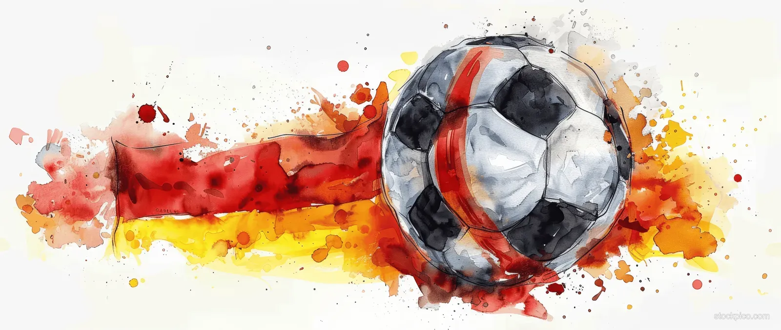 Watercolor soccer ball with red black and gold splashes painted over a Germany flag background.