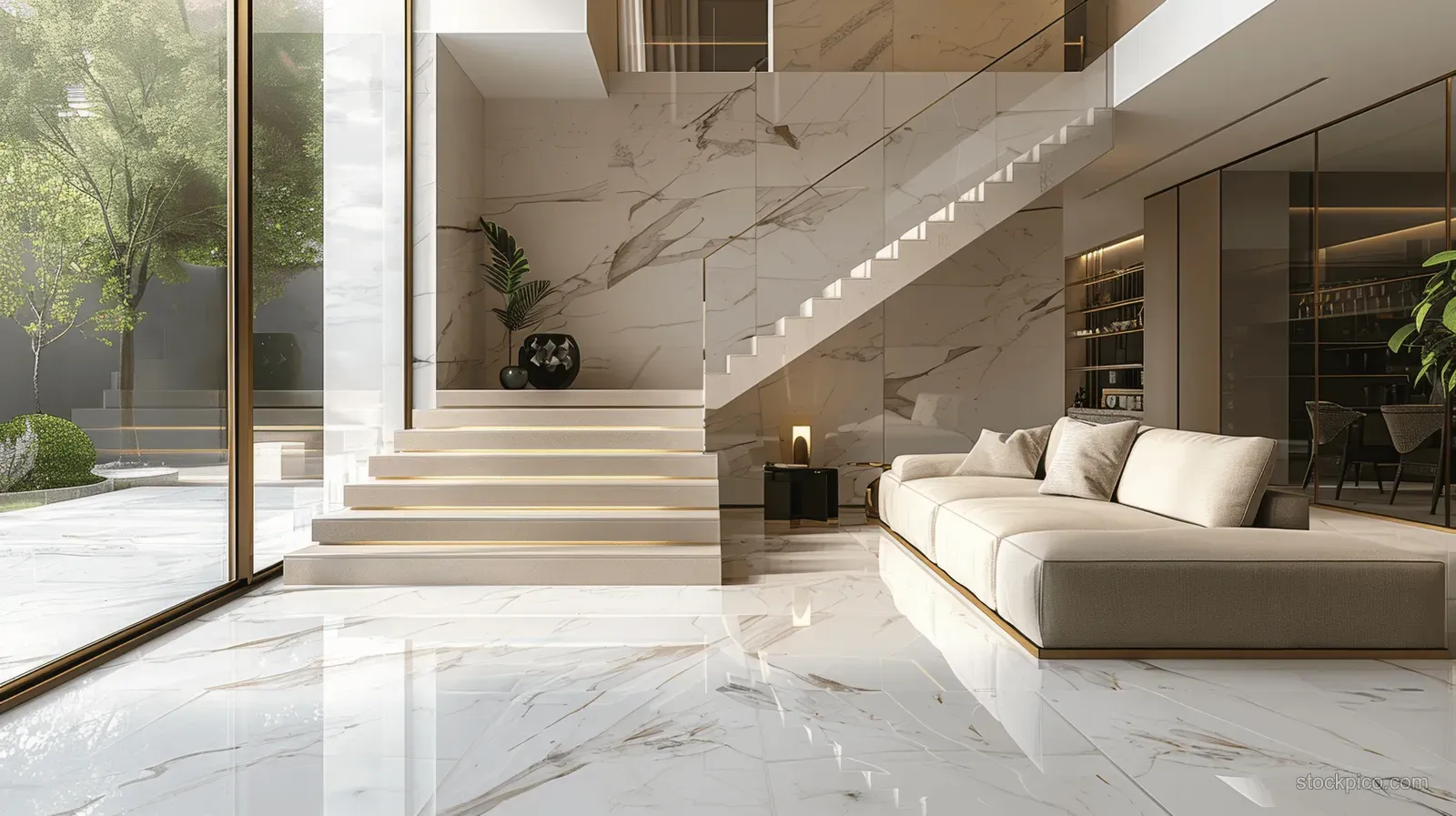 Sunlit living room with white marble flooring, beige sofa, glass walls, and a wooden staircase leading upward.