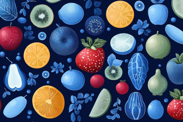 Assorted fruit slices and berries with green leaves form a seamless pattern on a dark blue background.